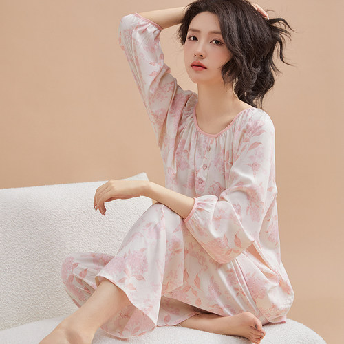 绵绸睡衣女春秋款长袖粉色女装夏季纯棉棉绸可外穿妈妈家居服套装