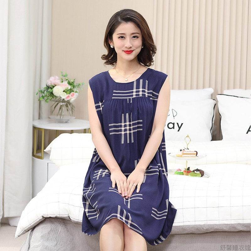 韩版格子时尚睡裙女夏季无袖薄款纯棉家居服绵绸可外穿宽松连衣裙