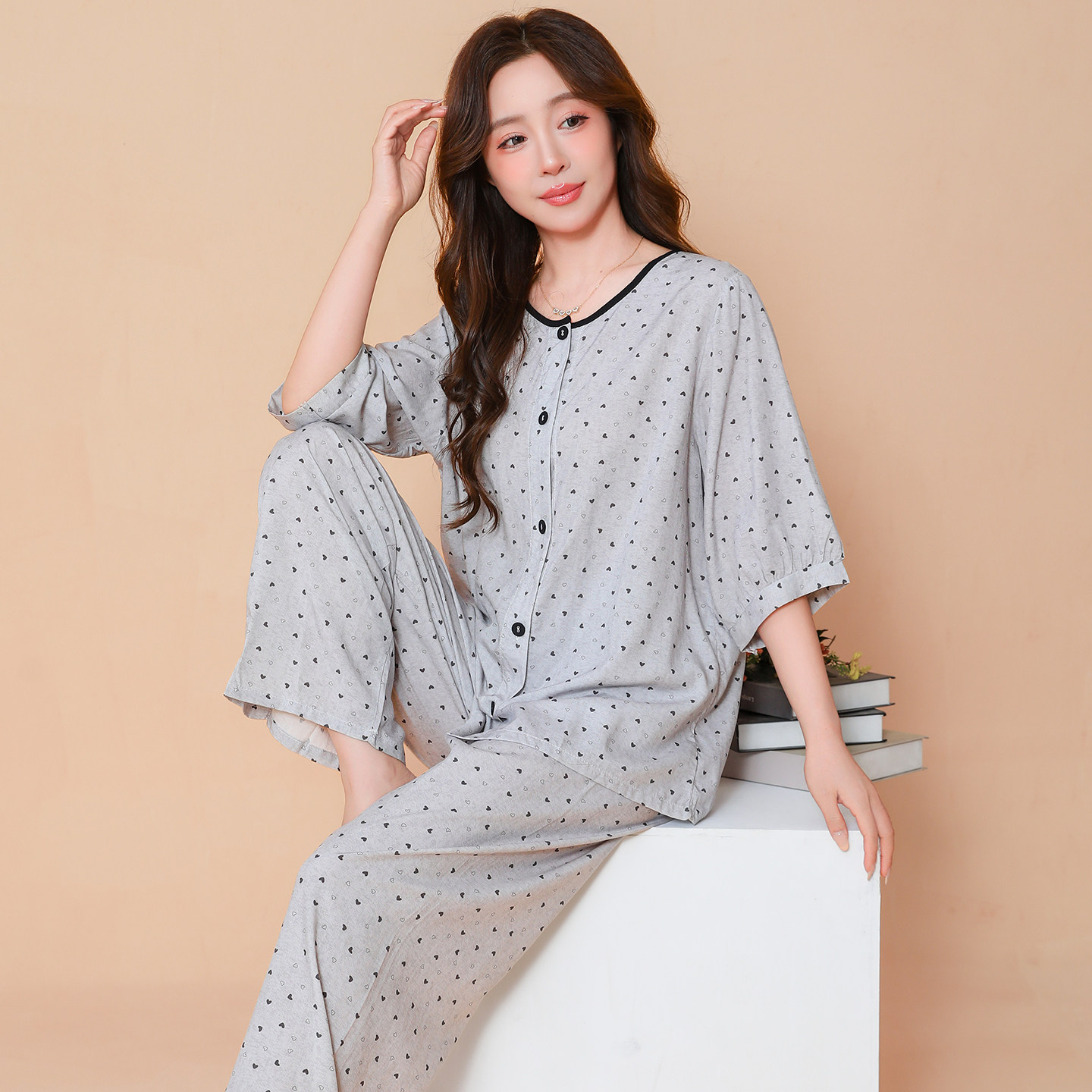 睡衣女夏季纯棉绸开衫薄款中年妈妈女装简约绵绸可外穿家居服套装