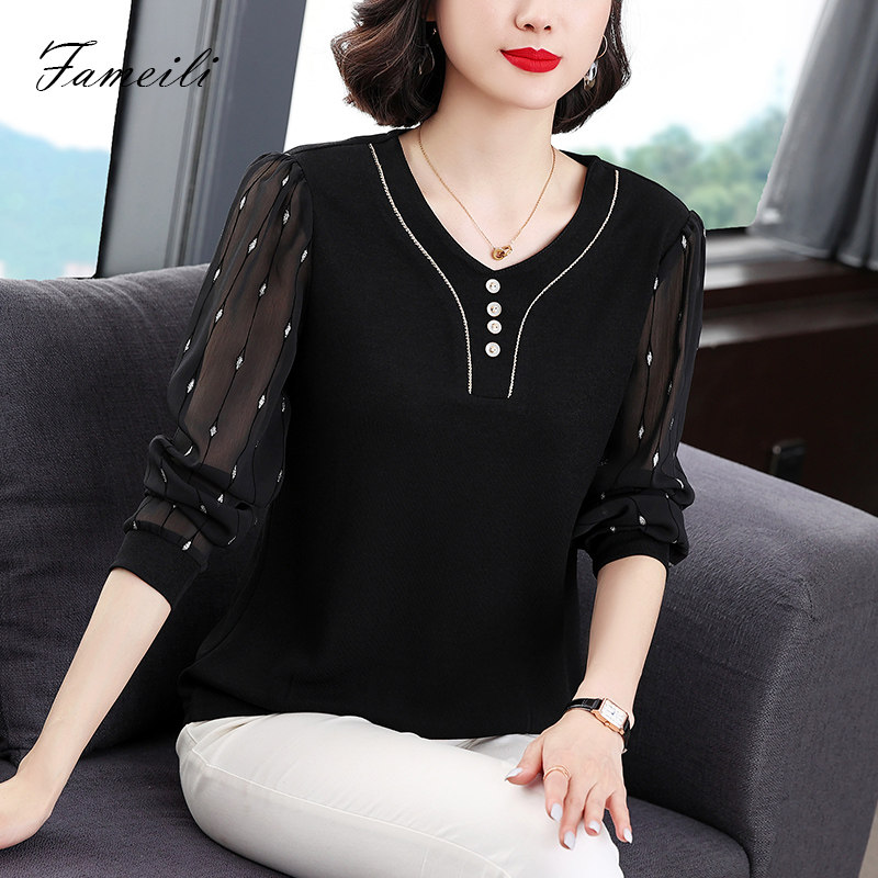 妈妈装2021秋季新款时尚宽松洋气雪纺袖小衫遮肚子长袖T恤女上衣