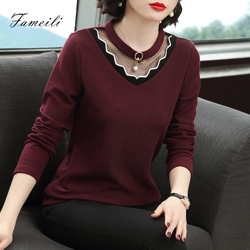 2020秋装新款长袖t恤女上衣中年妈妈蕾丝洋气小衫秋装内搭打底衫