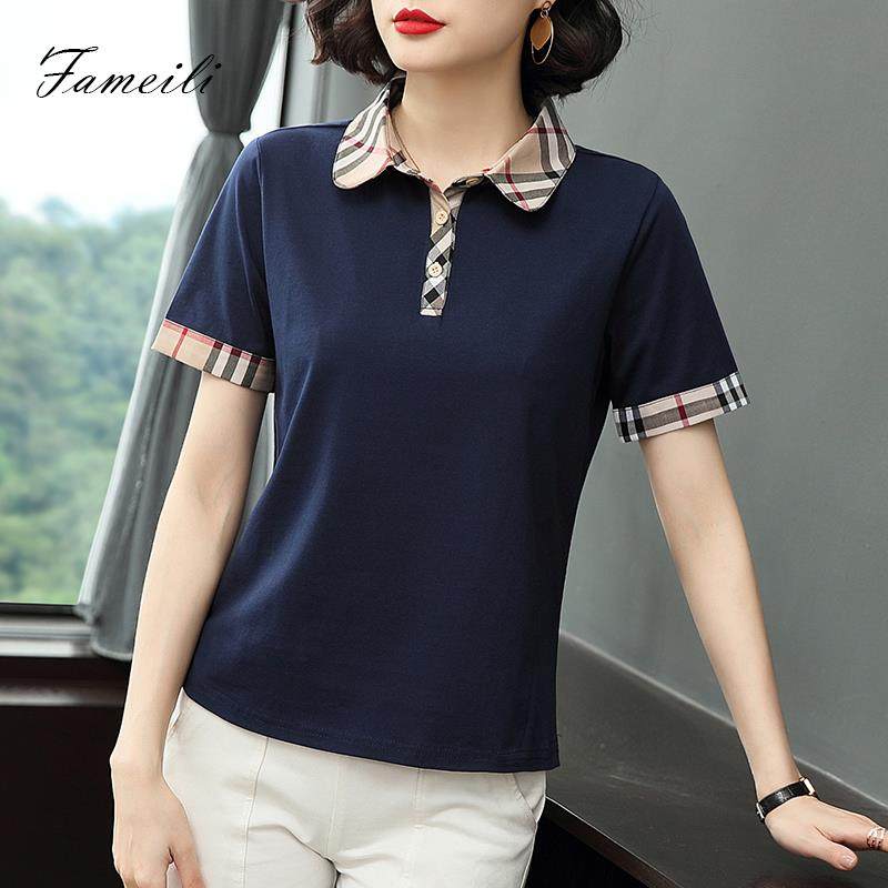 短袖t恤女有领上衣2020年春装新款妈妈装纯棉翻领欧货polp小衫夏