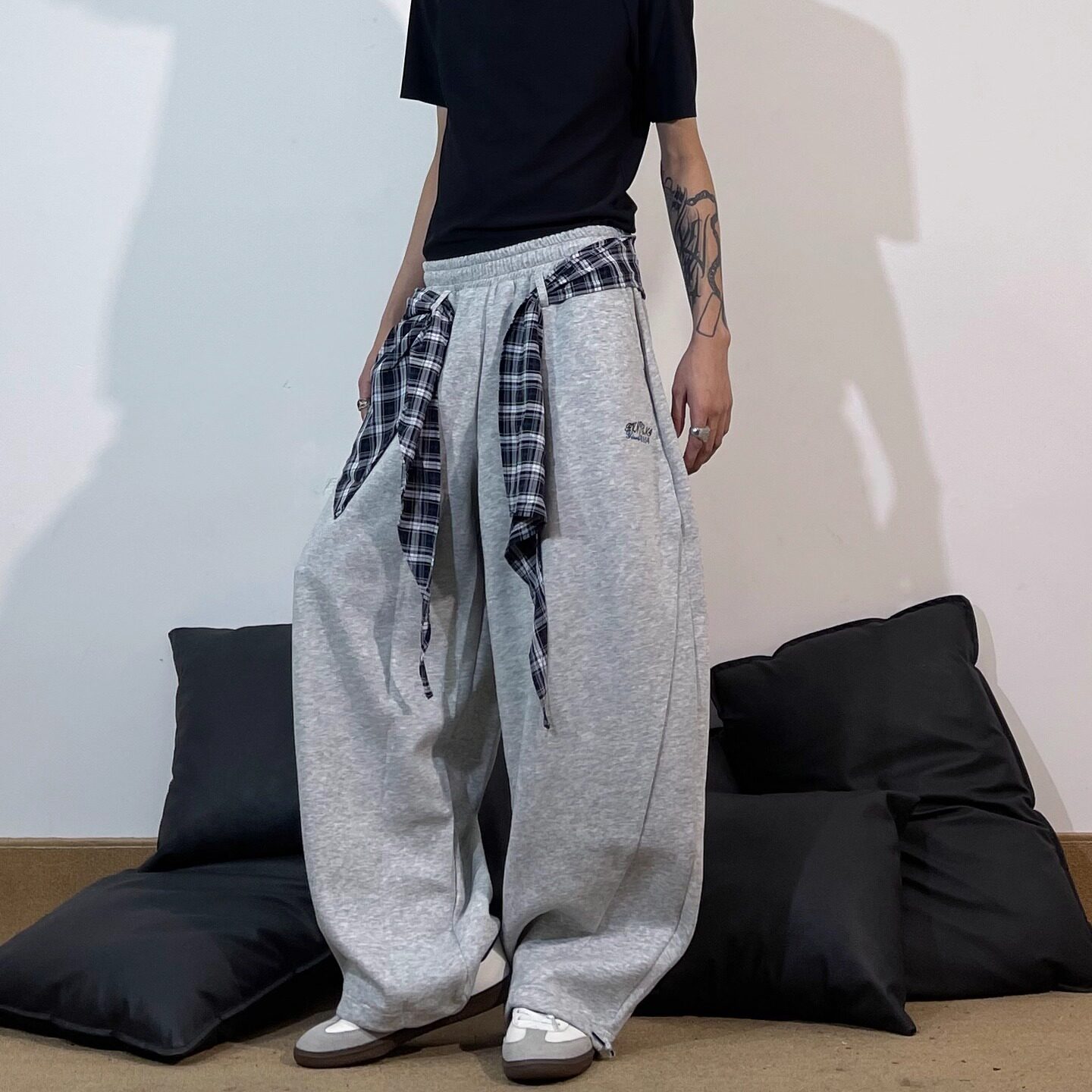 美式格子屁帘叠穿弯刀卫裤女男秋冬嘻哈街舞运动裤宽松阔腿休闲裤