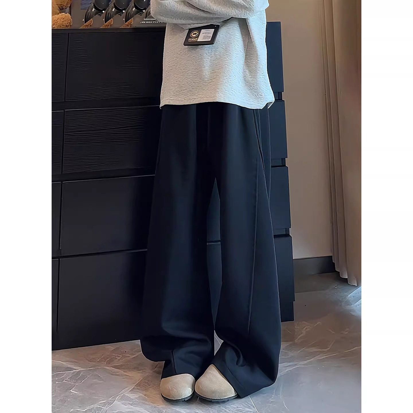 黑色美式斜切弯刀卫裤男款秋季垂感慵懒松弛感裤子直筒阔腿休闲裤