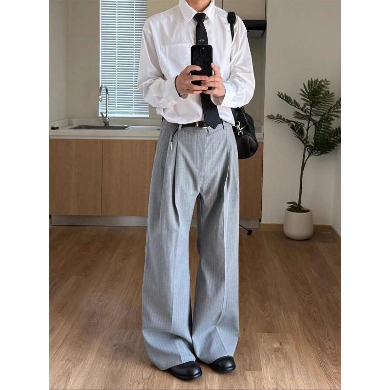 好莱坞a字立体双褶条纹老钱风西裤男款cleanfit通勤微喇跨境B071