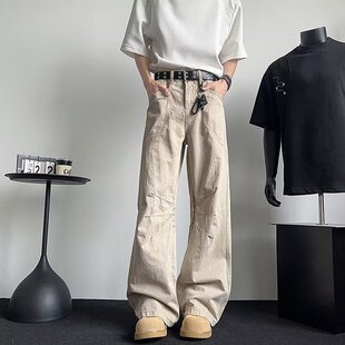 美式街头设计感工装弯刀裤男装复古直筒立挺阔腿微喇裤子高品质