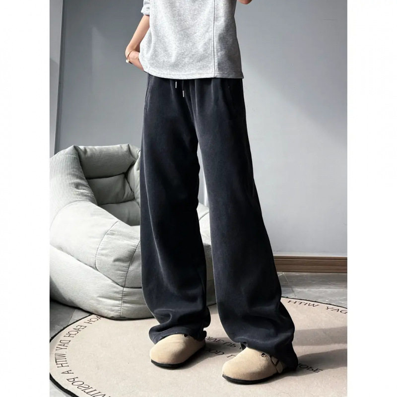 新款水洗做旧卫裤男女春季重磅垂感阔腿裤子慵懒风美式复古百跨境
