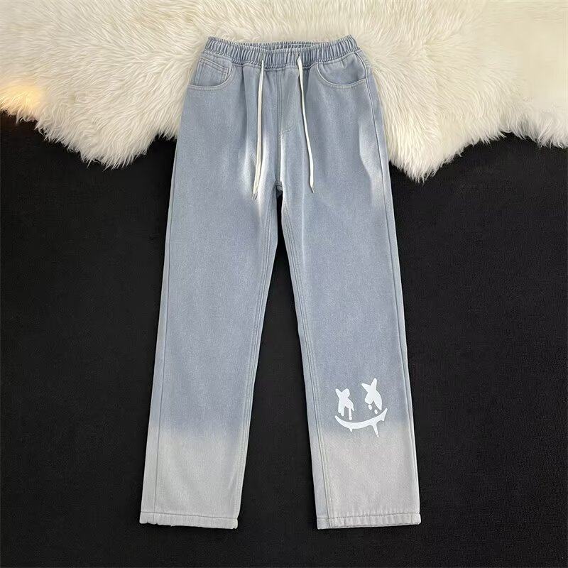 加绒渐变牛仔裤男秋冬季新款松紧腰抽绳宽松男士复古直筒阔腿裤子