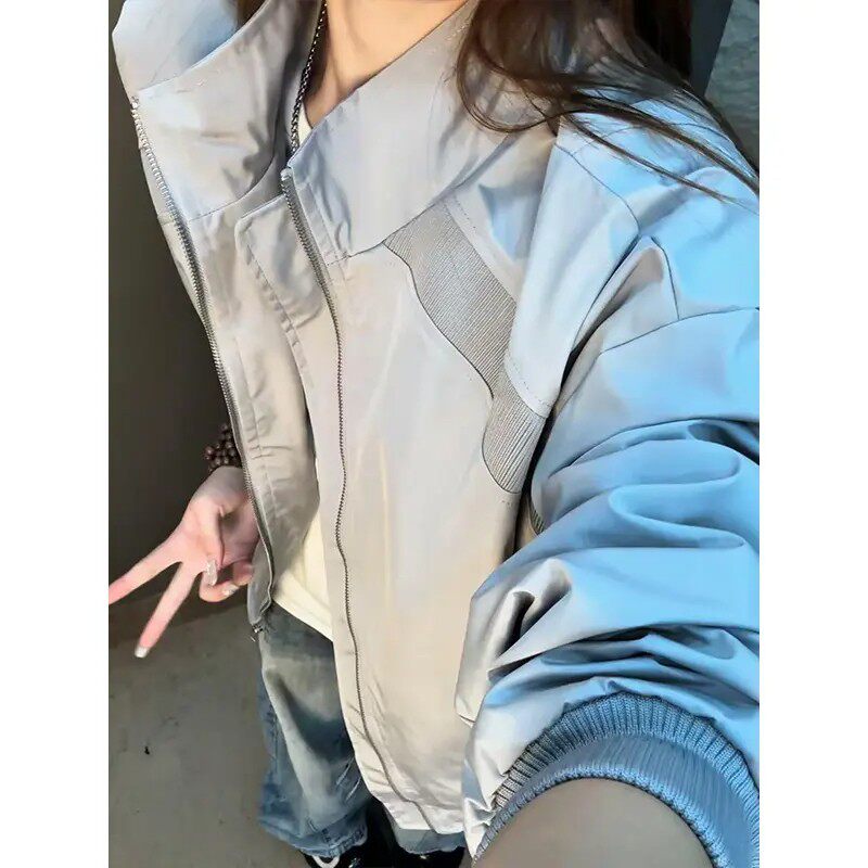 浅灰色美式飞行员夹克男女春秋季cleanfit休闲外套立领宽松棒球服