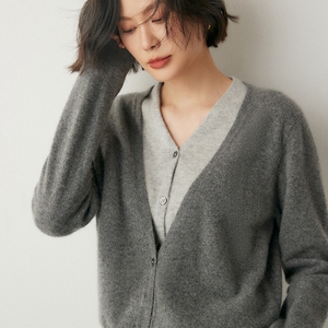 法式V领100纯山羊绒针织开衫女外套设计感小众假两件轻奢撞色毛衣