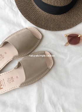 Pons 法式度假全牛皮手工凉鞋小众日韩慵懒简约舒适一字拖鞋