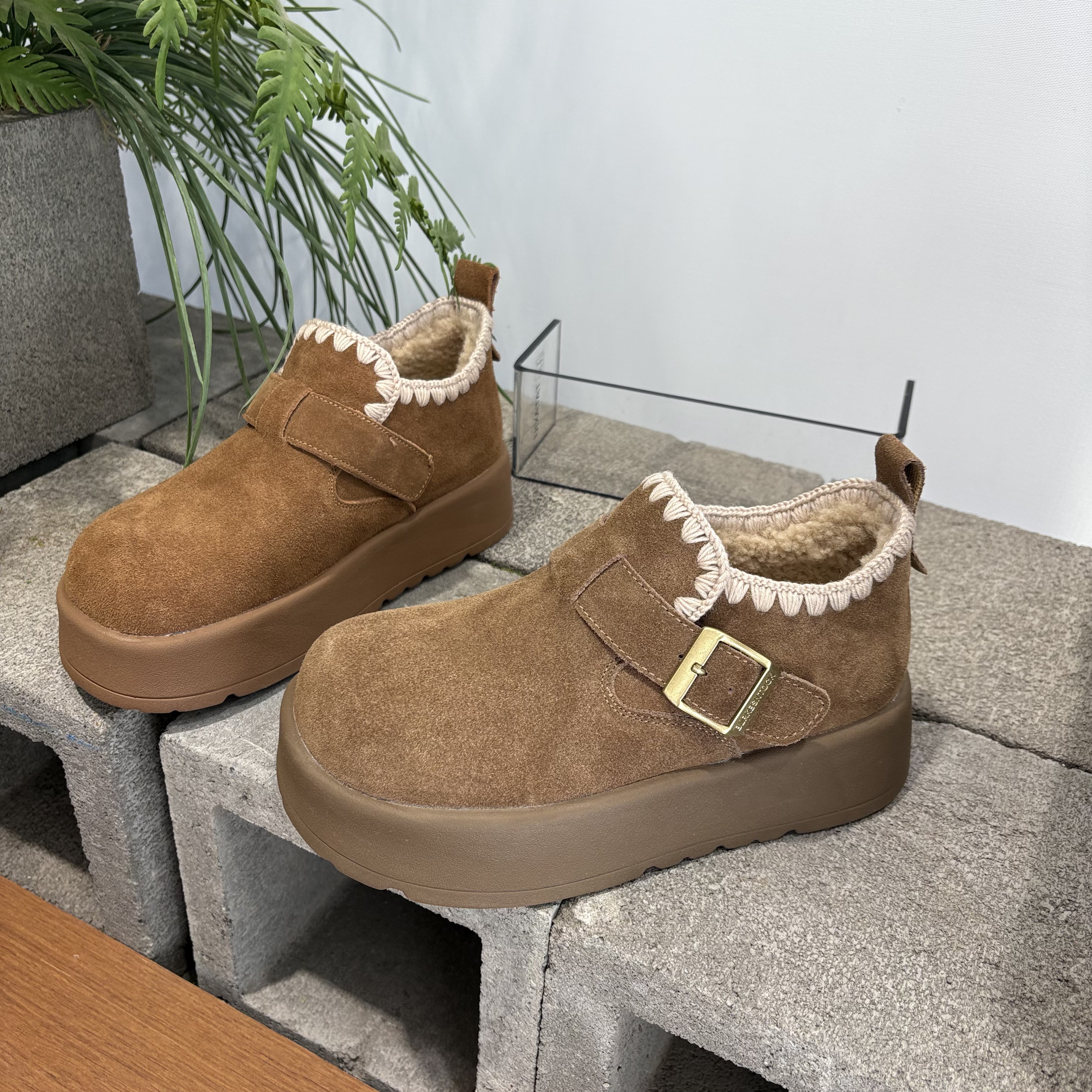 米新款2025冬上新厚底勃肯鞋加绒保暖松糕底休闲百搭棉鞋小个子女