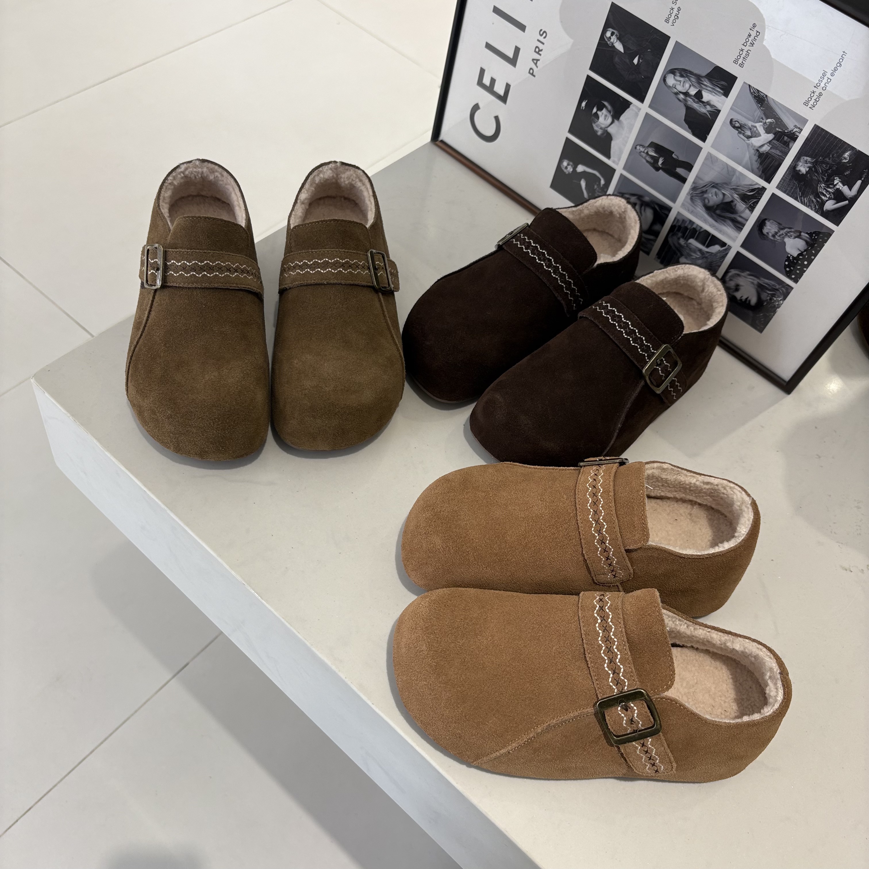 MG专柜2025冬上新磨砂牛皮加绒勃肯鞋羊羔毛内增高休闲套脚潮女鞋