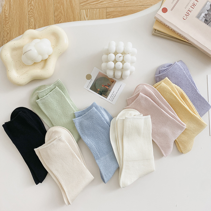 春夏季糖果色抗起球袜子女中筒袜薄款棉质透气百搭堆堆袜纯色长袜