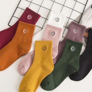 袜子女短袜棉袜春秋季 学院风打底运动袜ins潮中筒袜学生 笑脸韩版