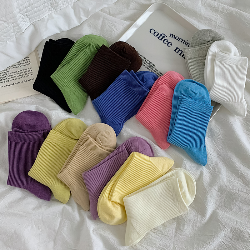 春夏季纯色袜子女中筒袜韩版棉袜长袜百搭日系糖果色ins潮堆堆袜