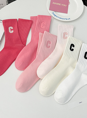 春夏季粉色配鲨鱼裤白色袜子女中筒袜薄款百搭纯棉运动学院风长袜