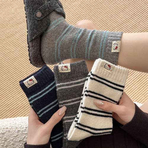 细条纹布标短袜ins风韩版羊毛袜
