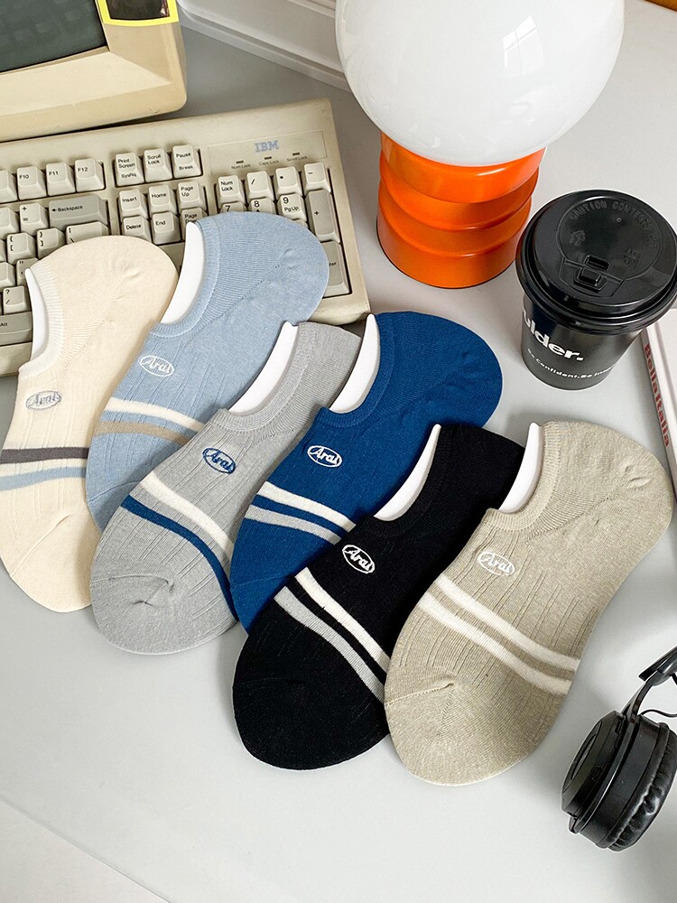 春夏季棉袜男士薄款隐形袜运动条纹袜子男透气吸汗船袜百搭浅口袜