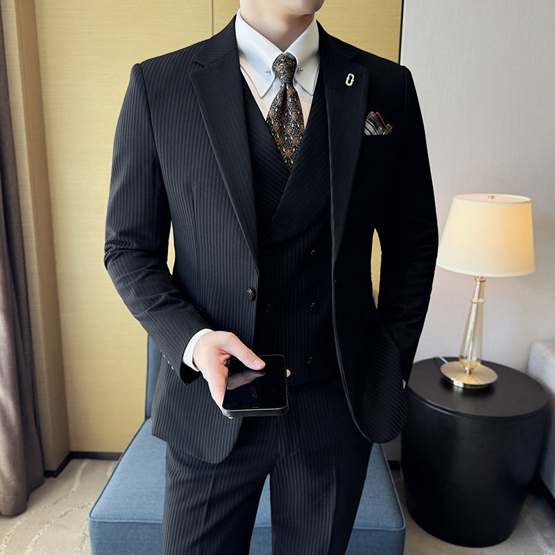 高档条纹西装男套装结婚新郎礼服修身商务休闲男韩版婚礼西服黑色