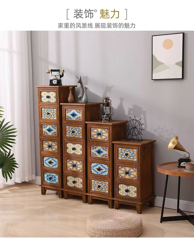 实木夹缝柜子抽屉小型卧室床边柜美式美式彩绘斗柜复古缝隙窄柜子