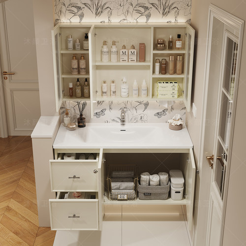 奶油风浴室柜组合橡木烤漆洗漱台