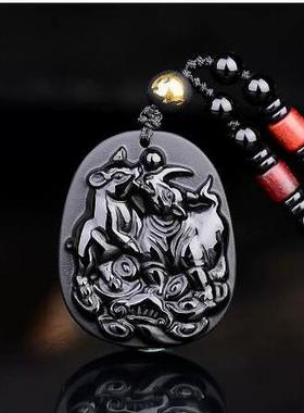 麟福拱禄黑曜石吉祥物吊坠