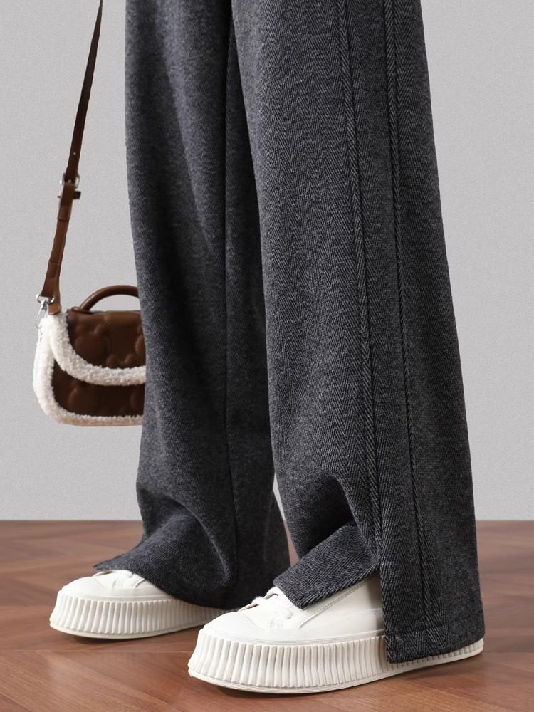 人字纹毛呢阔腿裤女2025秋季新款高腰冬季加绒裤开叉窄版直筒裤子,女装/女士精品,休闲裤,淘宝优惠券,粉丝福利购,淘宝优惠卷