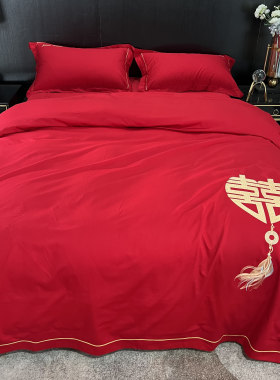 大红色高档婚庆四件套全水洗棉纯棉被套床单婚房结婚喜庆床上用品