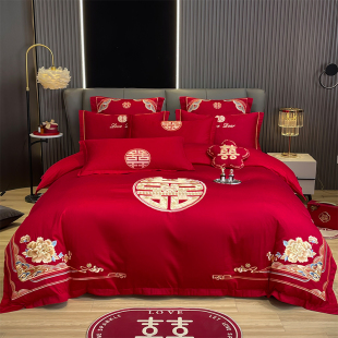 简约婚庆四件套大红全棉中式 喜庆爱心新结婚房嫁礼床上用品床单笠