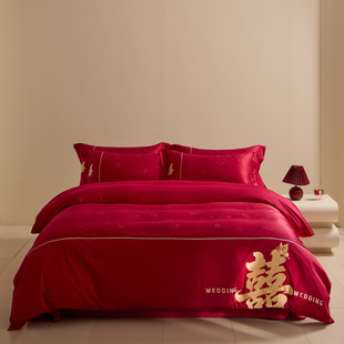 高档提花结婚四件套大红色纯棉全棉被套新婚庆房喜被床单床上用品