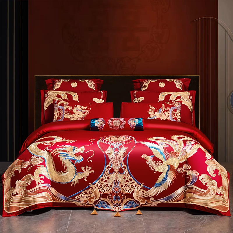 结婚四件套大红色全棉龙凤喜庆被套刺绣中式新婚庆嫁房礼床上用品
