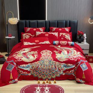婚庆四件套大红全棉喜庆被套结婚嫁床上用品纯棉新婚房礼龙凤刺绣