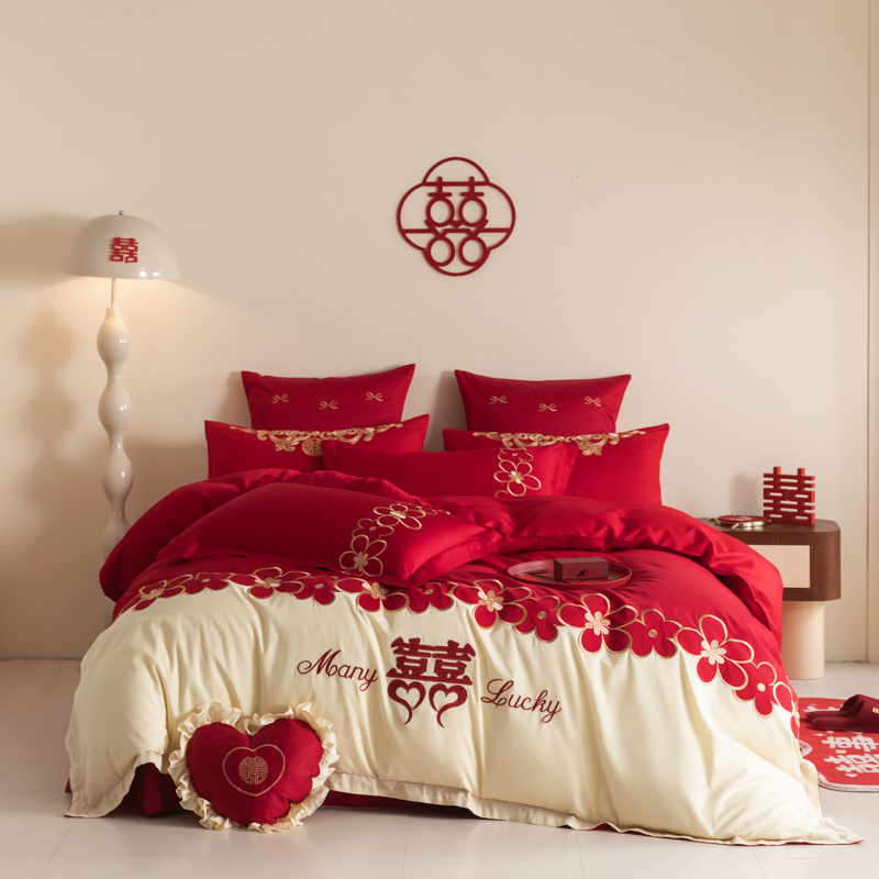 纯棉高档100支刺绣大红床上用品