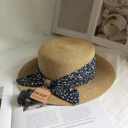 小碎花蝴蝶结草帽女夏季田园风平顶草编礼帽显脸小户外防晒遮阳帽