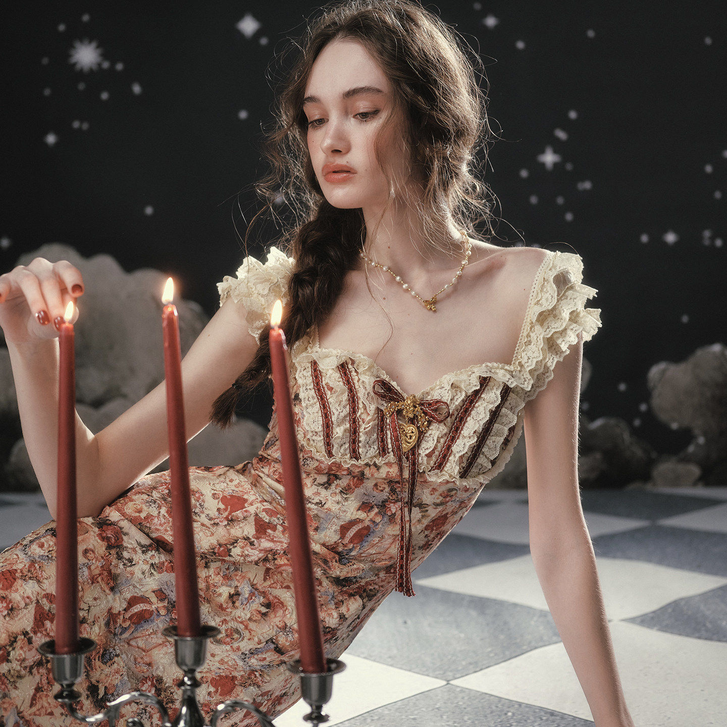 LaceMade 堕落爱神 法式复古千金风蕾丝拼接碎花鱼尾度假连衣裙女