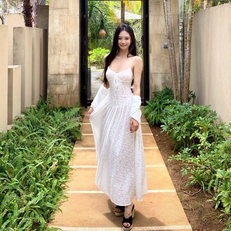 现货Jim Kennet法式白色蕾丝弹力提花开衫吊带长裙套装