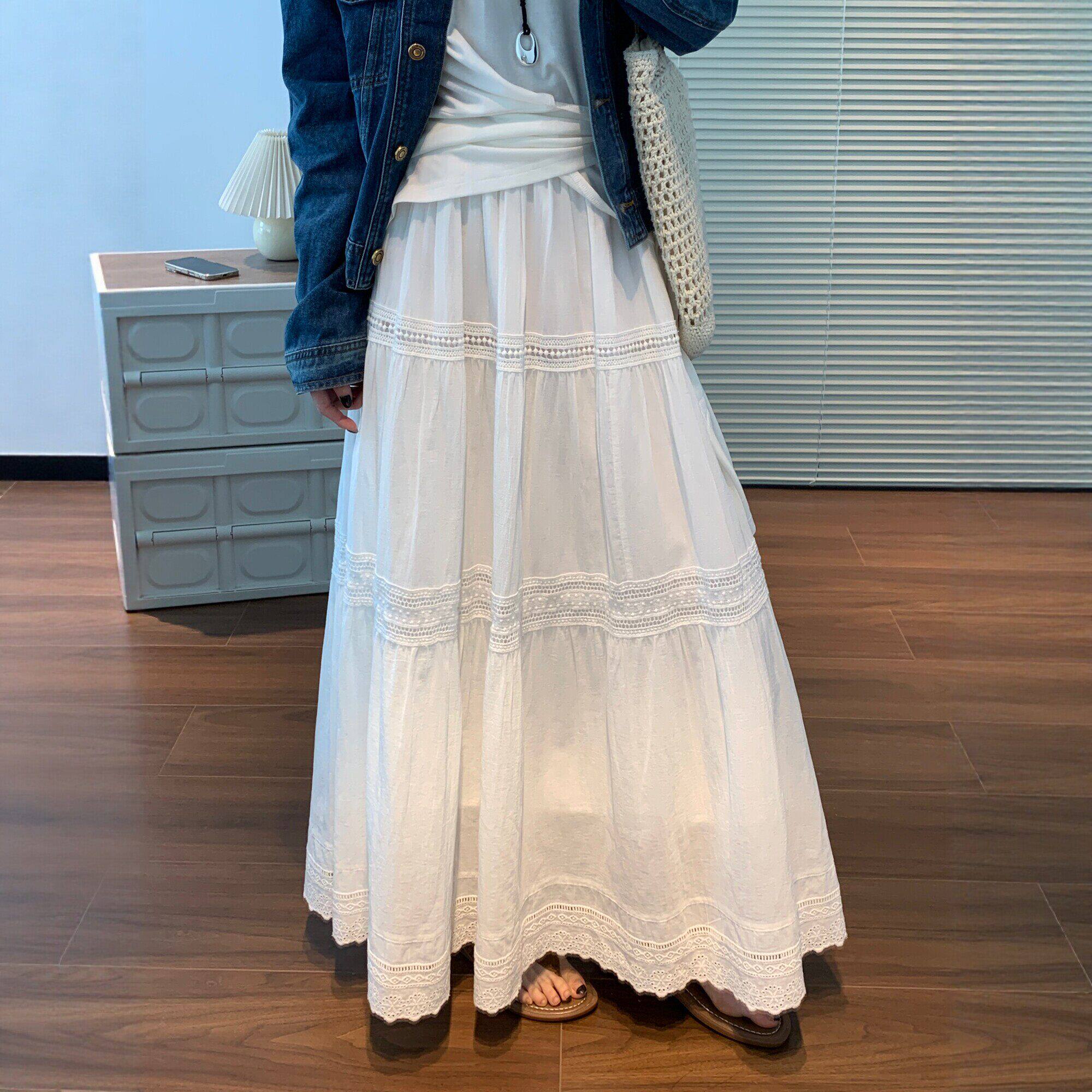 白色半身裙女2026春夏中长款A字大摆裙蛋糕裙蓬蓬伞裙蕾丝边长裙