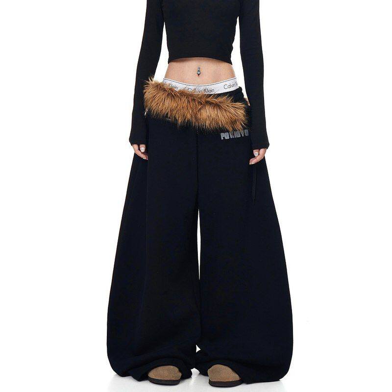 女美式冬季毛毛腰带穿潮牌子爵士舞休闲叠弯刀加厚复古卫裤阔腿裤