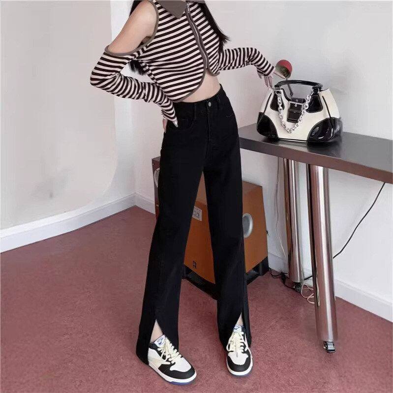 开叉喇叭裤新款拖地春装韩版显瘦直筒小个子设计感牛仔裤高腰女前