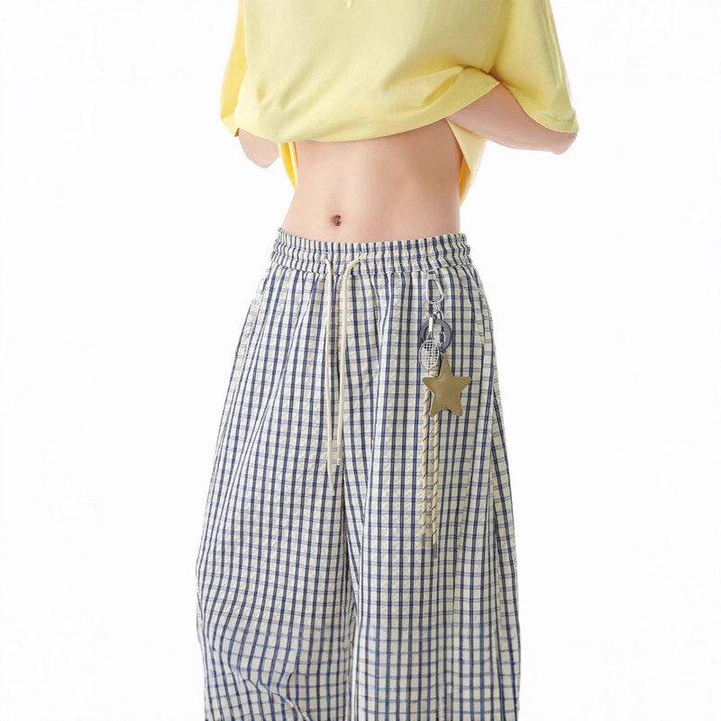 夏季阔腿裤弯宽松垂感风格子男潮挂饰星星裤子慵懒拖地直筒休闲裤