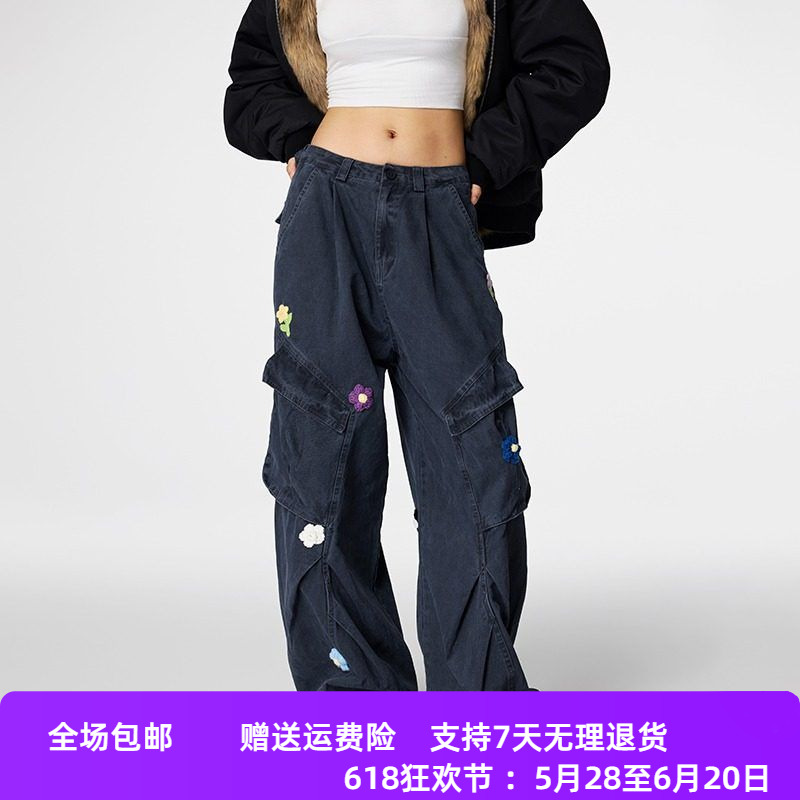 春秋季女工装裤新款直筒刺绣花朵军绿色复古高腰阔腿裤设计感美式
