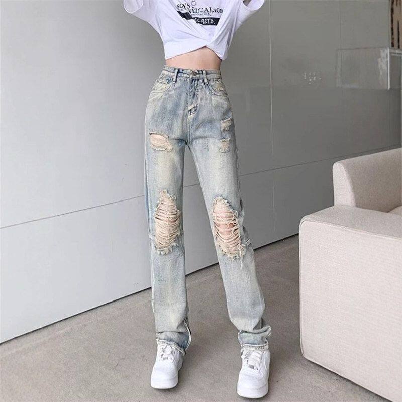 阔腿破洞牛仔裤美式直筒男款高街夏季开叉vibe宽松薄款微喇裤拉链