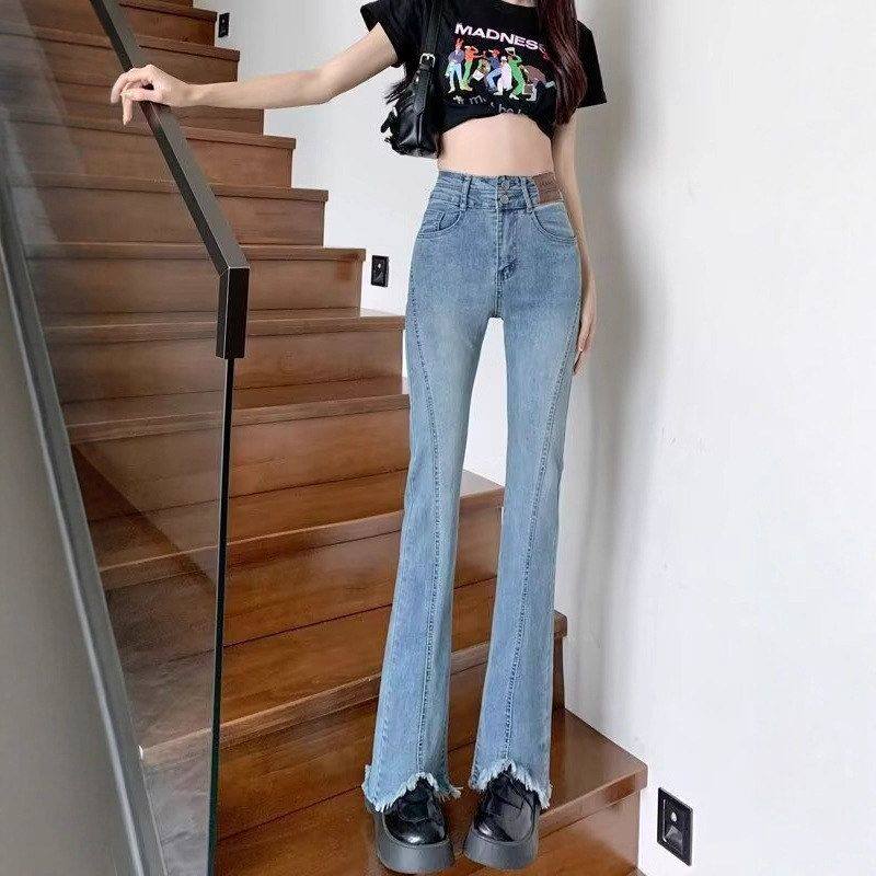 新款高腰直筒2025牛仔裤微喇喇叭裤慵懒秋冬小个子显瘦毛边女开叉