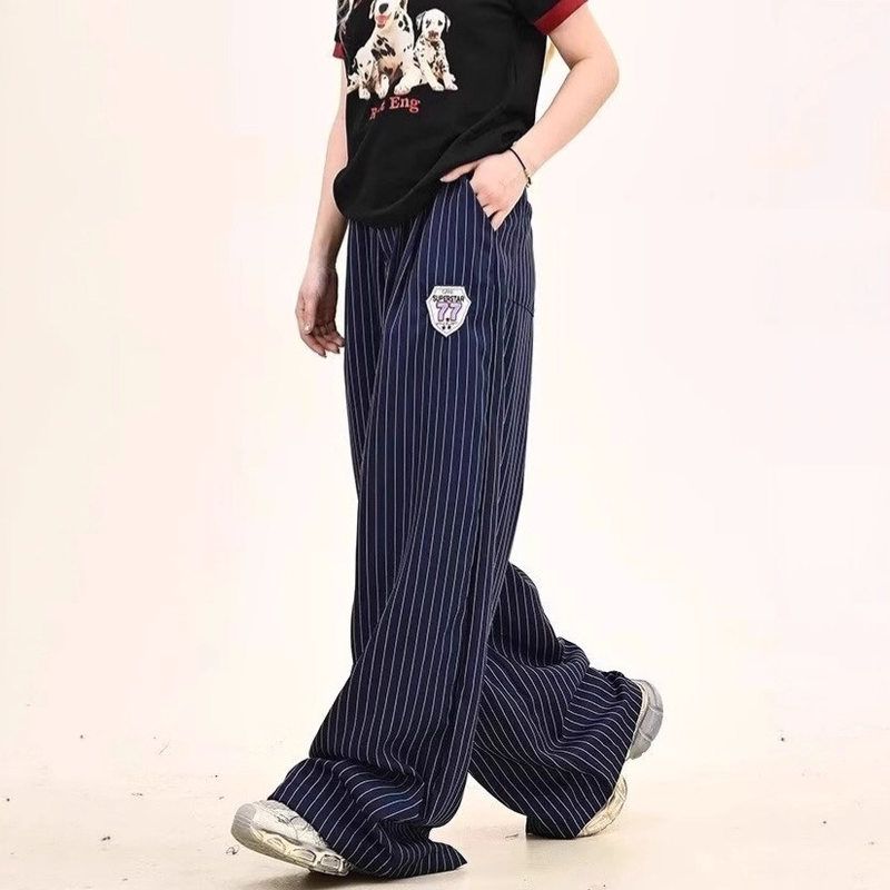 长条纹痞帅裤子春季复古宽松徽章
