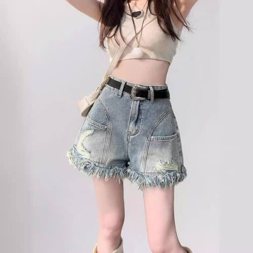 破洞辣妹高腰流苏字热裤女夏小众