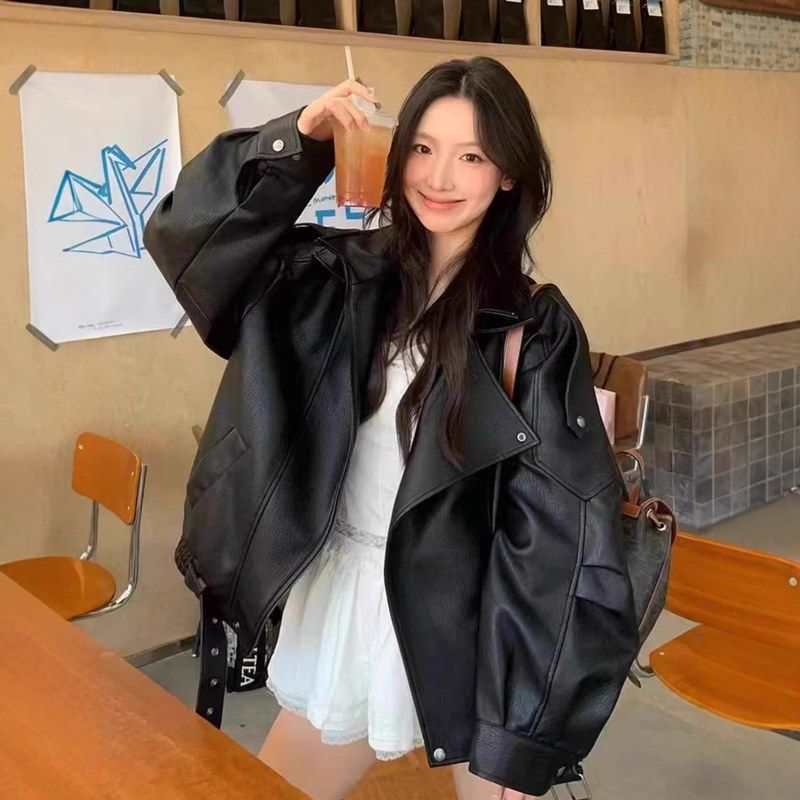 黑色外套皮衣夹克早秋美式酷飒风