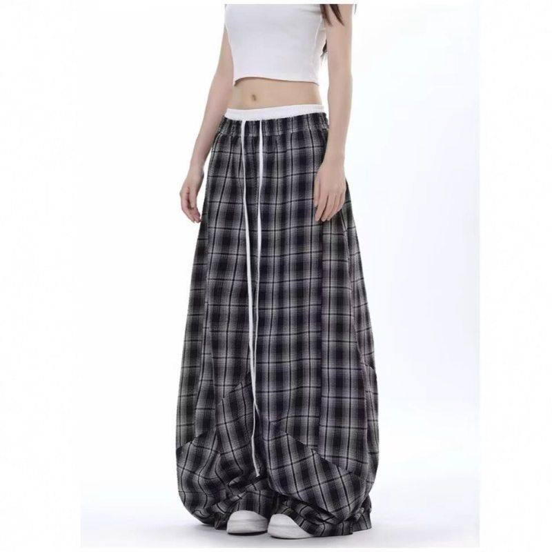 女款慵懒宽松百搭风男拼接复古格子双腰头美式休闲裤阔腿裤爵士舞