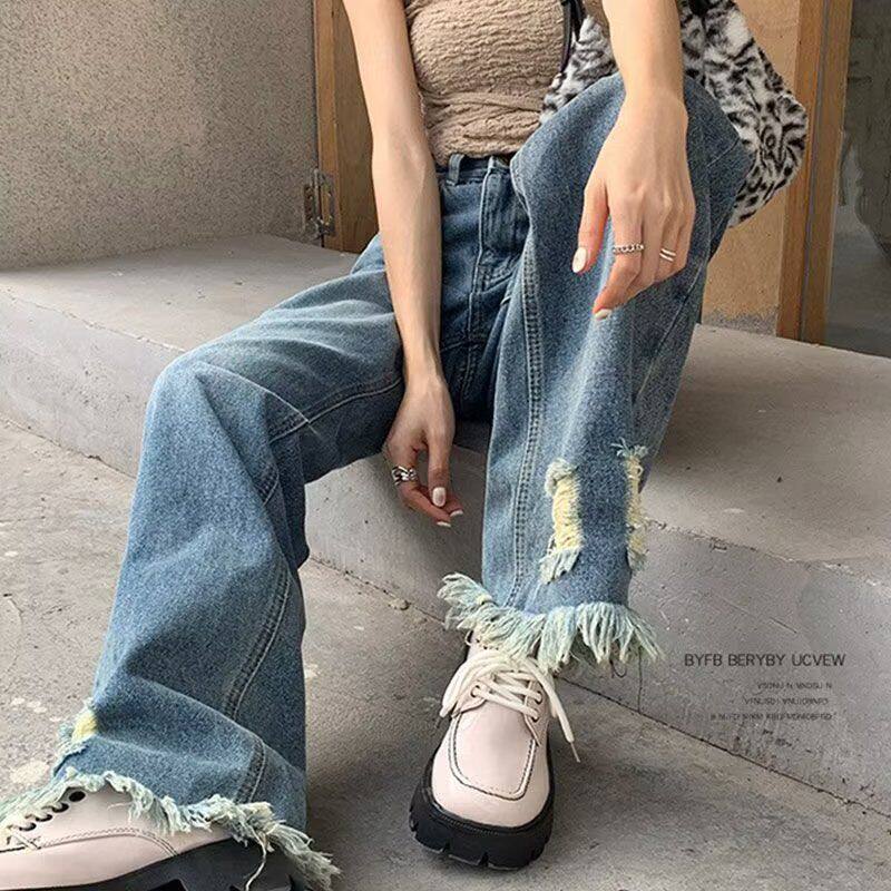 女复古高腰春秋毛边高街裤宽松阔腿裤拖地直筒裤美式破洞牛仔显瘦