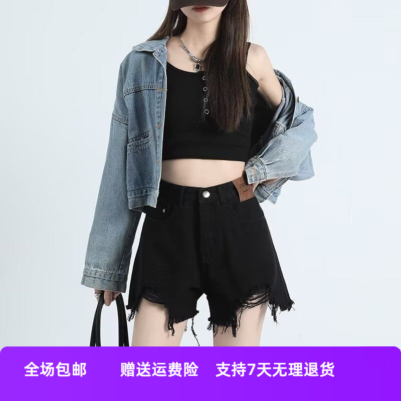 小个子字a破洞辣妹显瘦新款阔腿女热裤夏季牛仔短裤高腰黑色2025